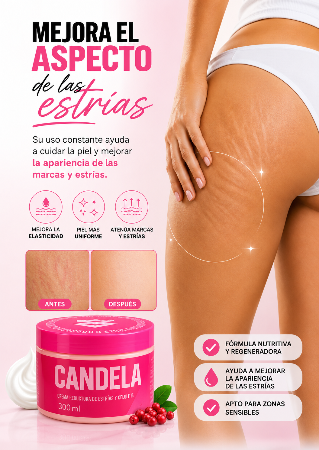 🔥 Crema CANDELA para Celulitis y Estrías + 🎁 Crema hidratante antienvejecimiento 3 en 1 de REGALO